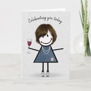 Stick Figure Birthday Girl with Wine Glass Card