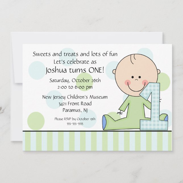 Stick figure Boy 1st  Birthday Invitation (Front)