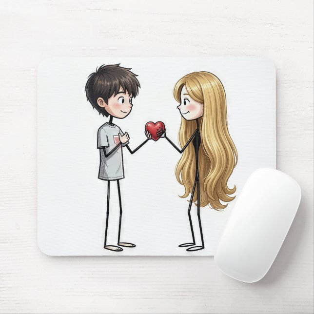 Stick Figure Boy Giving His Heart Away Mouse Pad (With Mouse)