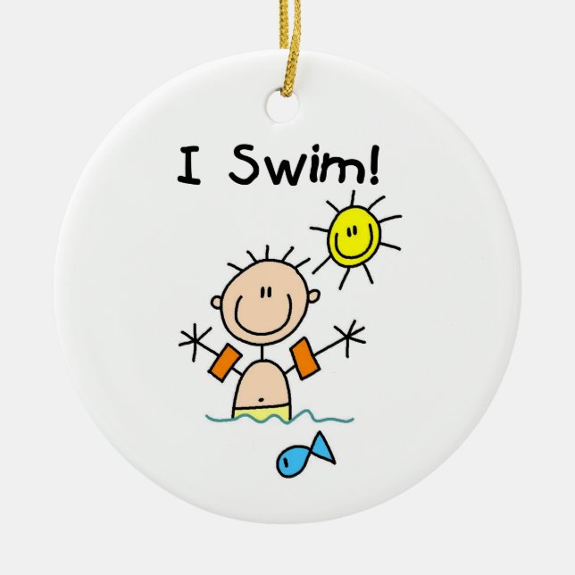 Stick Figure Boy I Swim Ceramic Ornament (Front)