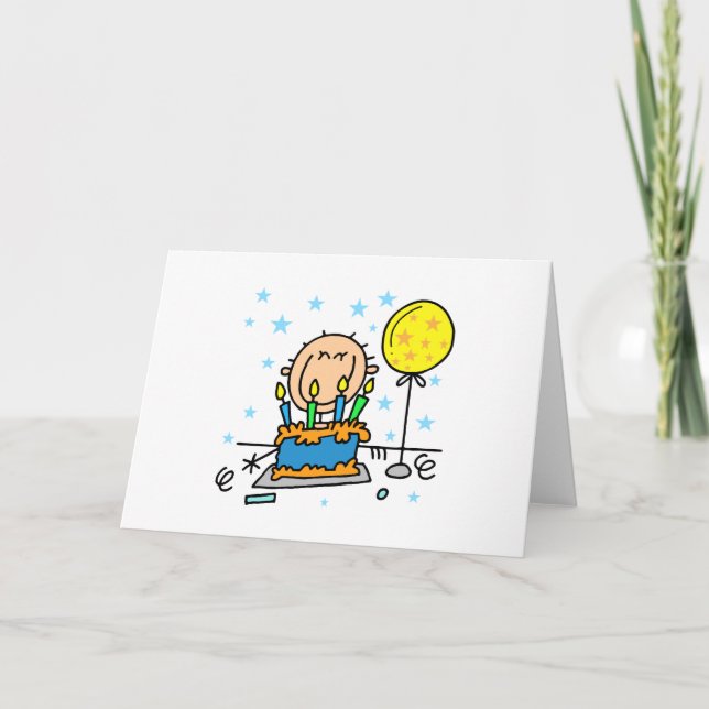 Stick Figure Boy With Birthday Cake Gifts Card (Front)