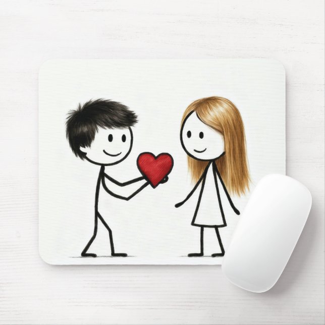 Stick Figure Boy with Red Heart Mouse Pad (With Mouse)