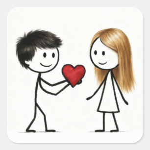 Stick Figure Boy with Red Heart Square Sticker