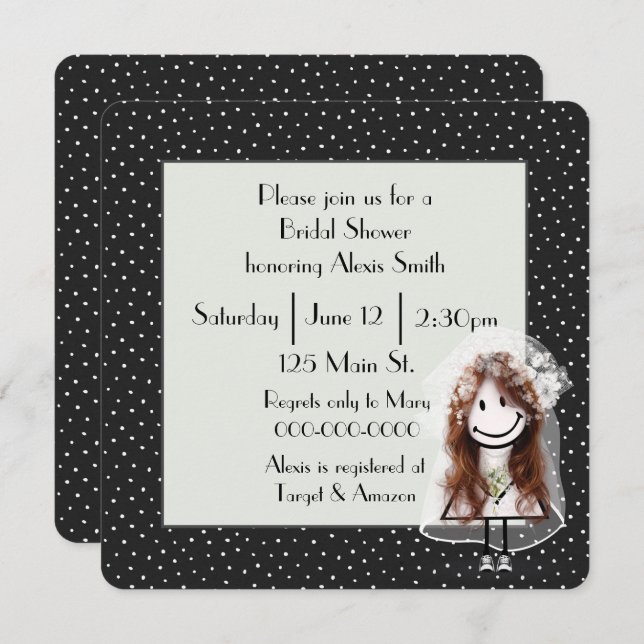 Stick Figure Bride On Polka Dots Invitation (Front/Back)