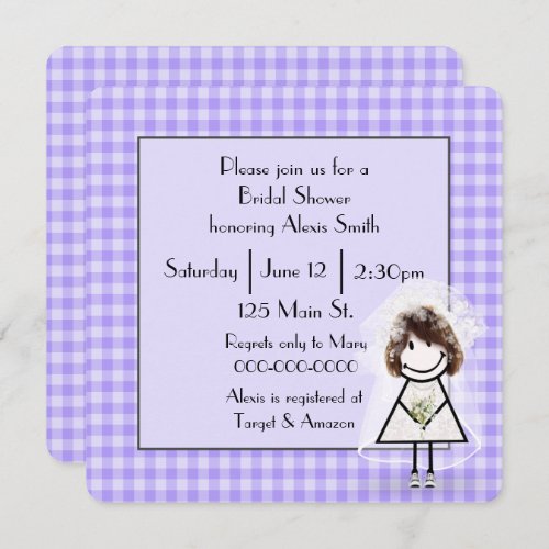 Stick Figure Bride On Purple Gingham Invitation