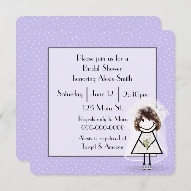 Stick Figure Bride On Purple Polka Dots Invitation (Front/Back)