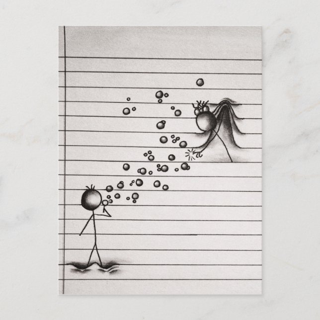 Stick Figure Cartoon Boy Blowing Bubbles to Girl Postcard (Front)