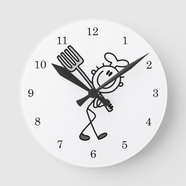 Stick Figure Chef With Fork Round Clock (Front)