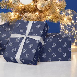 Stick Figure Christmas Cheer White on Midnight Blu Wrapping Paper