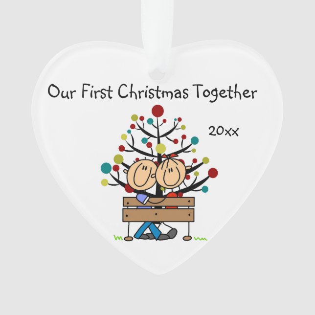 Stick Figure Couple on Bench Heart Ornament (Front)