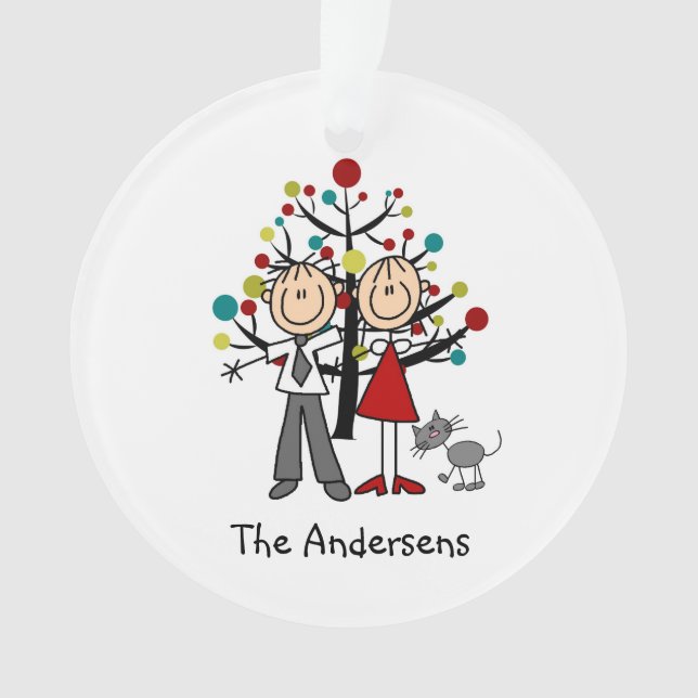 Stick Figure Couple With Cat Acrylic Ornament (Front)