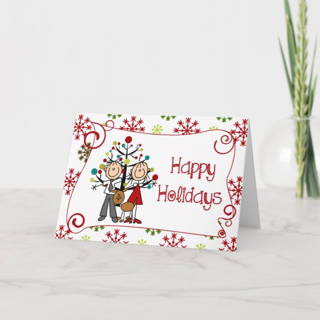 Stick Figure Couple With Dog Christmas Holiday Card (Front)