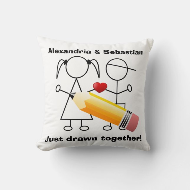 Stick Figure Couple With Heart Drawn Together Throw Pillow (Front)