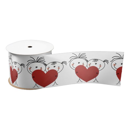 Stick Figure Couple With Heart Satin Ribbon