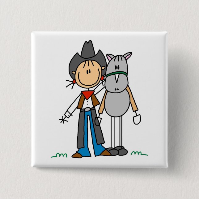 Stick Figure Cowgirl with Horse Tshirts Button (Front)