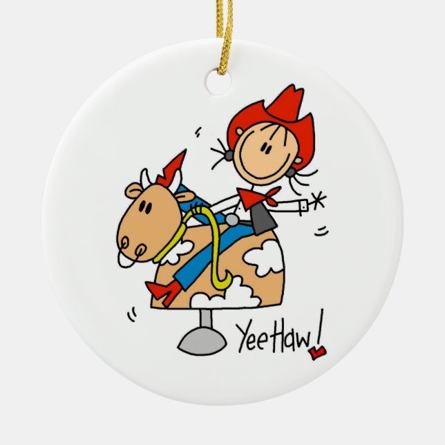 Stick Figure Cowgirl Yee Haw T-shirts and Gifts Ceramic Ornament (Front)