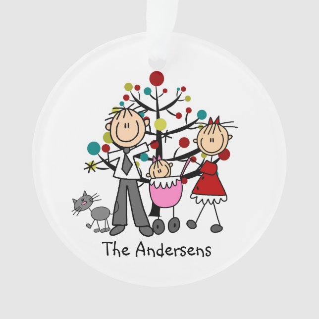 Stick Figure Dad Mom Baby Cat Acrylic Ornament (Front)