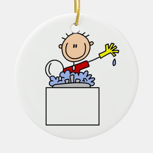Stick Figure Doing Dishes Ceramic Ornament (Front)