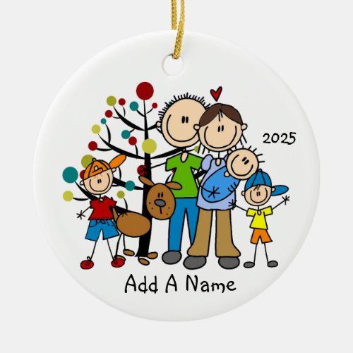 Stick Figure Family 3 Children and Dog Ceramic Ornament