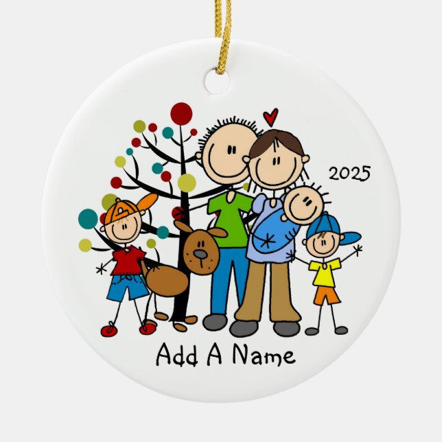 Stick Figure Family 3 Children and Dog Ceramic Ornament (Front)