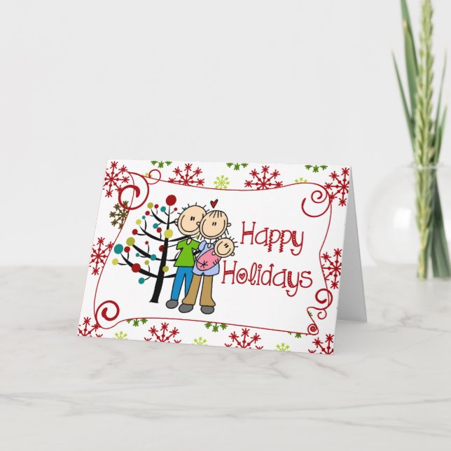 Stick Figure Family Baby Girl Christmas Holiday Card (Front)