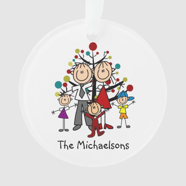 Stick Figure Family of 5 Acrylic Ornament (Front)