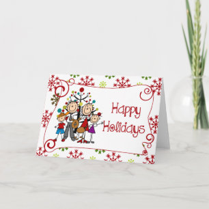Stick Figure Family of Four Dog Christmas Holiday Card