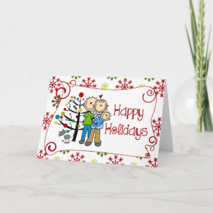 Stick Figure Family With Cat Christmas Holiday Card
