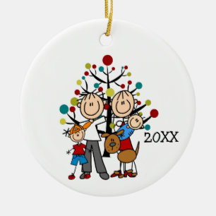 Stick Figure Family With Dog Ceramic Ornament