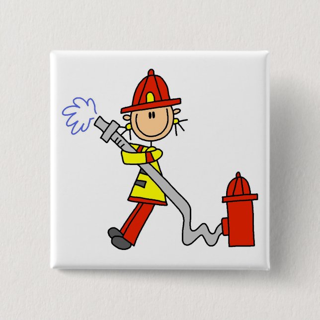 Stick Figure Firefighter with Hose Pinback Button (Front)