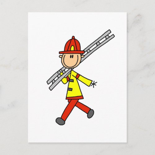 Stick Figure Firefighter with Ladder Postcard