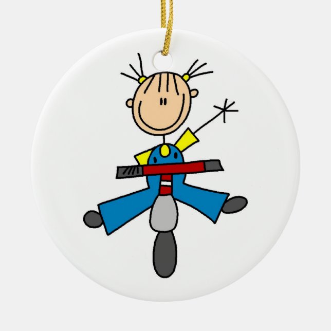 Stick Figure Girl Driving a Scooter Ceramic Ornament (Front)