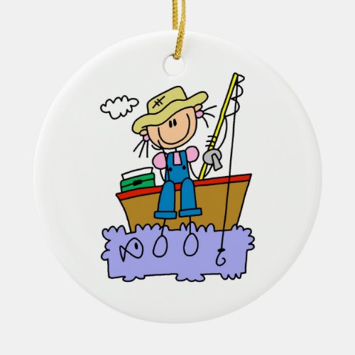 Stick Figure Girl Fishing Ceramic Ornament