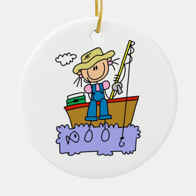 Stick Figure Girl Fishing Ceramic Ornament (Front)