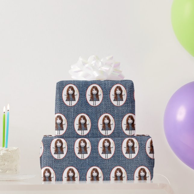 Stick Figure Girl In Sneakers on Blue Denim  Wrapping Paper (Party Gifts)