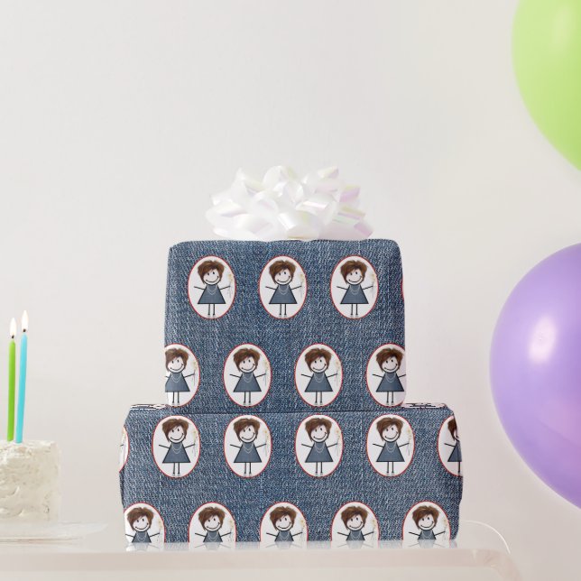 Stick Figure Girl In Sneakers on Blue Denim Wrapping Paper (Party Gifts)