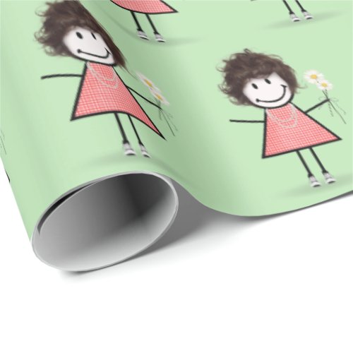 Stick Figure Girl in Sneakers on Green Wrapping Paper