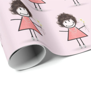 Stick Figure Girl in Sneakers on Pink Wrapping Paper