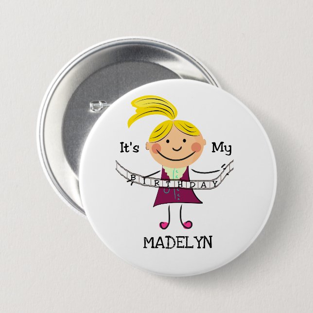 Stick Figure Girl It's My Birthday Button (Front & Back)