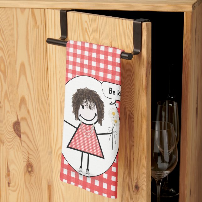 Stick Figure Girl On Red Gingham Kitchen Towel (Thirds Fold)