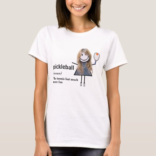 Stick Figure Girl Pickleball and Paddle T_Shirt