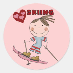Stick Figure Girl Skier Tshirts and Gifts Classic Round Sticker