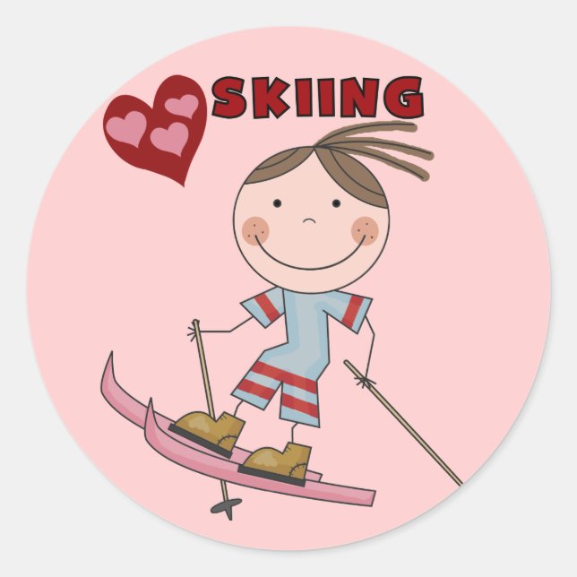 Stick Figure  Girl Skier Tshirts and Gifts Classic Round Sticker (Front)