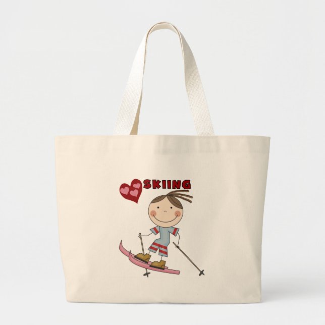 Stick Figure  Girl Skier Tshirts and Gifts Large Tote Bag (Front)