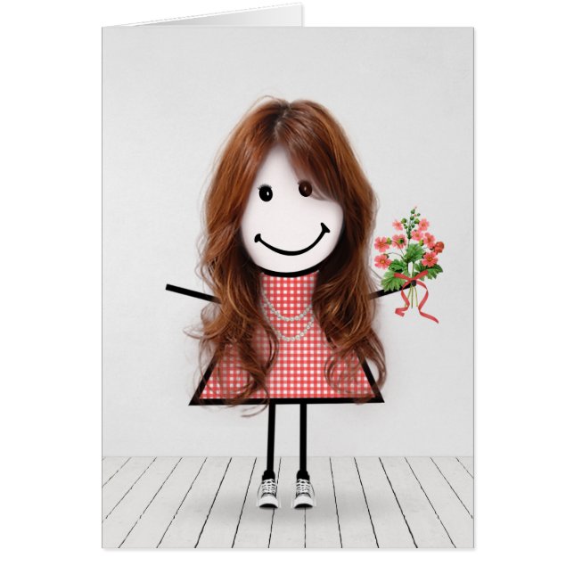 Stick Figure Girl with Birthday Bouquet (Front)