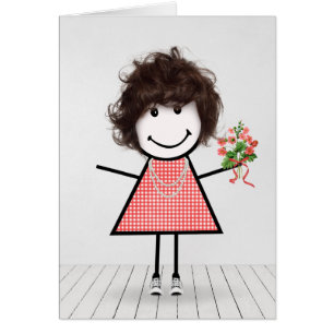 Stick Figure Girl with Birthday Bouquet Cards