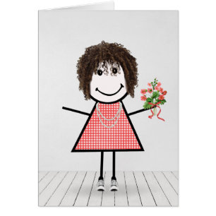 Stick Figure Girl with Birthday Bouquet Cards