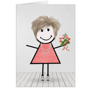 Stick Figure Girl with Birthday Bouquet Cards