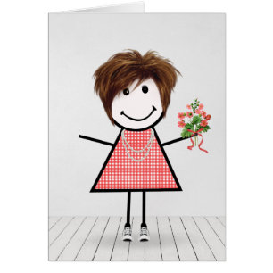Stick Figure Girl with Birthday Bouquet Cards