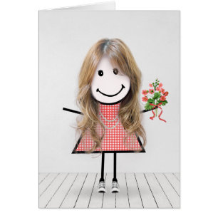 Stick Figure Girl with Birthday Bouquet Cards